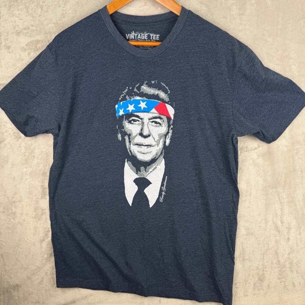 Ronald Reagan Flag Rowdy Gentleman Graphic Tee Mens Large Heather Navy